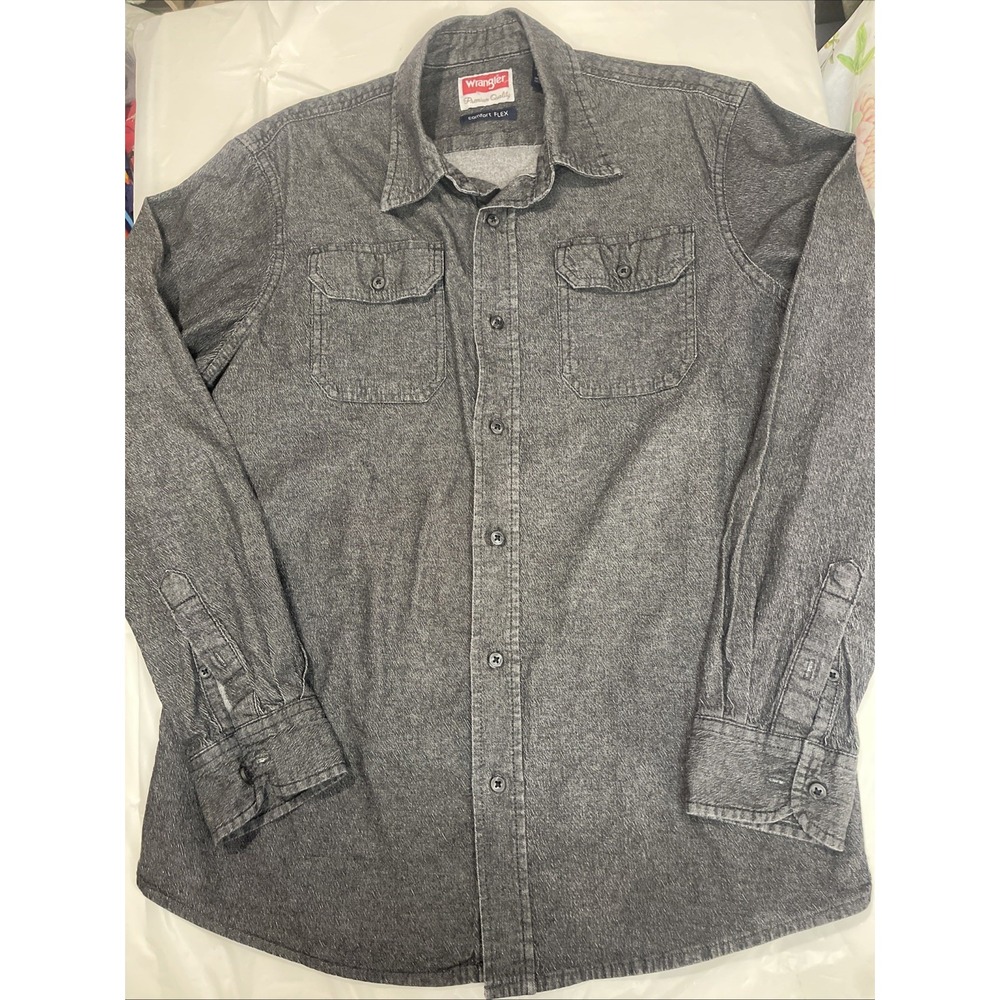 Wrangler Men's Comfort Flex Gray Denim Twill Long Sleeve Shirt Button Up, Size M